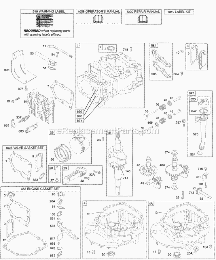 Cams Crankshaft Cylinder Engine Sump KitGaskets Lubrication Piston Group Valves Diagram and Parts List for 12V802-3118-E1  Briggs and Stratton Engine